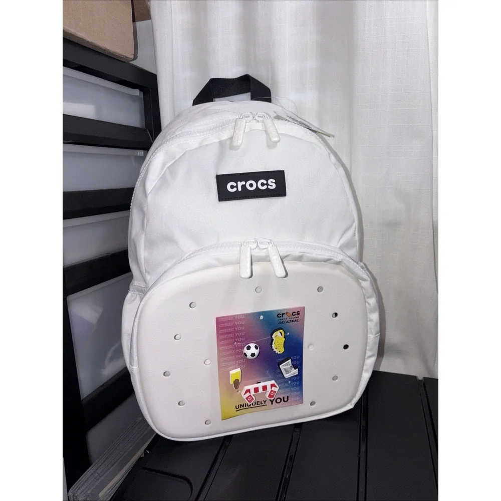NWT Crocs Bookbag White/Black Nylon With Original Charms- 17.5